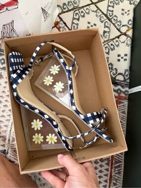 Jessica Simpson Navy and White Gingham Clear Strap Heeled Sandals/worn one time